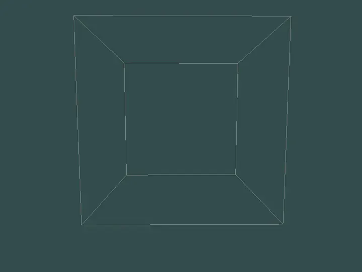 A 2D projection of a cube seen face-on: a large square with a smaller square nested at its center, connected by edges.