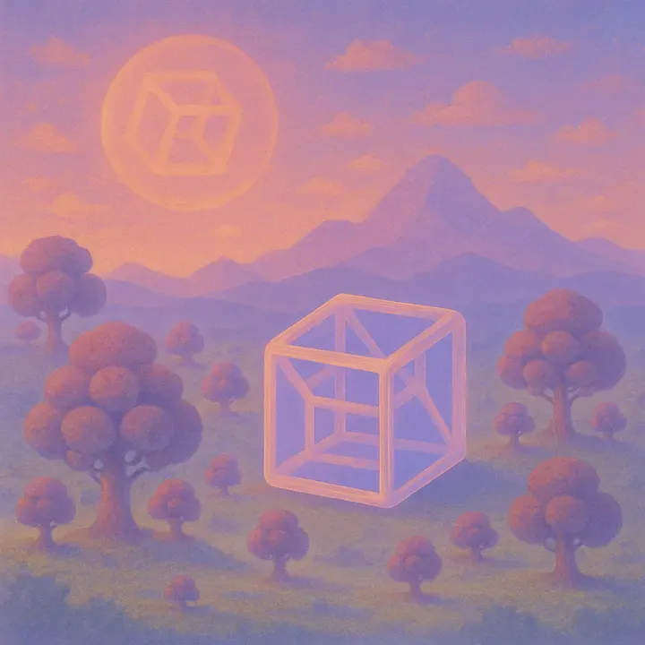 A glowing wireframe hypercube floating over a pastel valley of round trees, a four-dimensional sun rising behind the mountains.