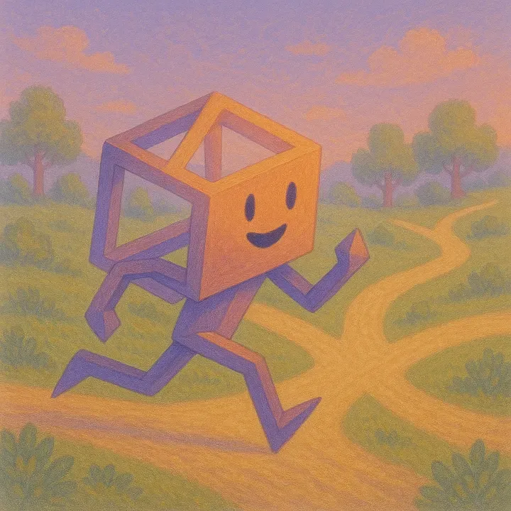 A friendly cube-headed character — its head an open wireframe cube — jogging along a winding path through a pastel countryside.