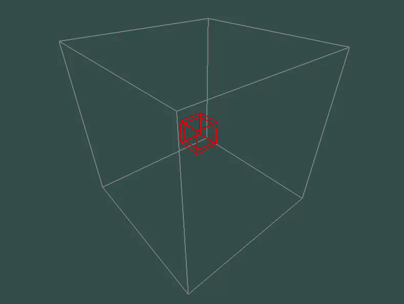 Animation of moving forward in 4D: shapes inside the grey projection cube grow larger as they approach the viewer.