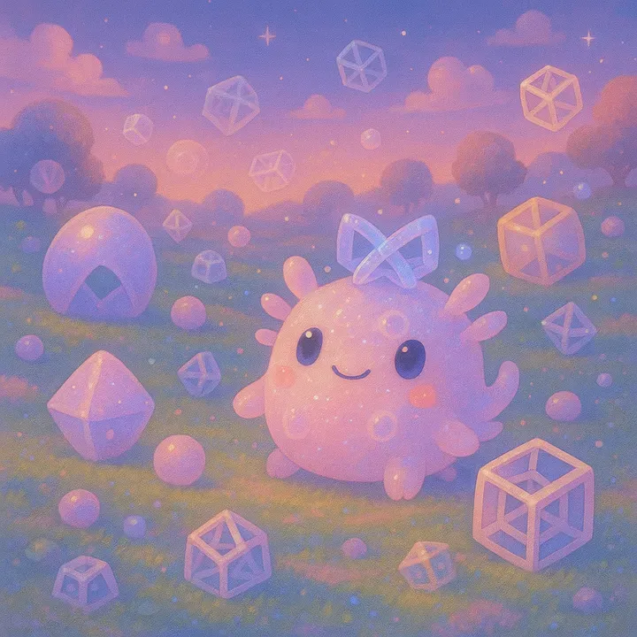 A round, smiling pastel creature sitting in a meadow at dusk, surrounded by translucent floating hypercubes and other four-dimensional shapes.